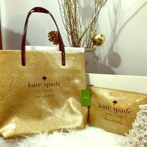 kate Spade Gold gutter tote & pouch